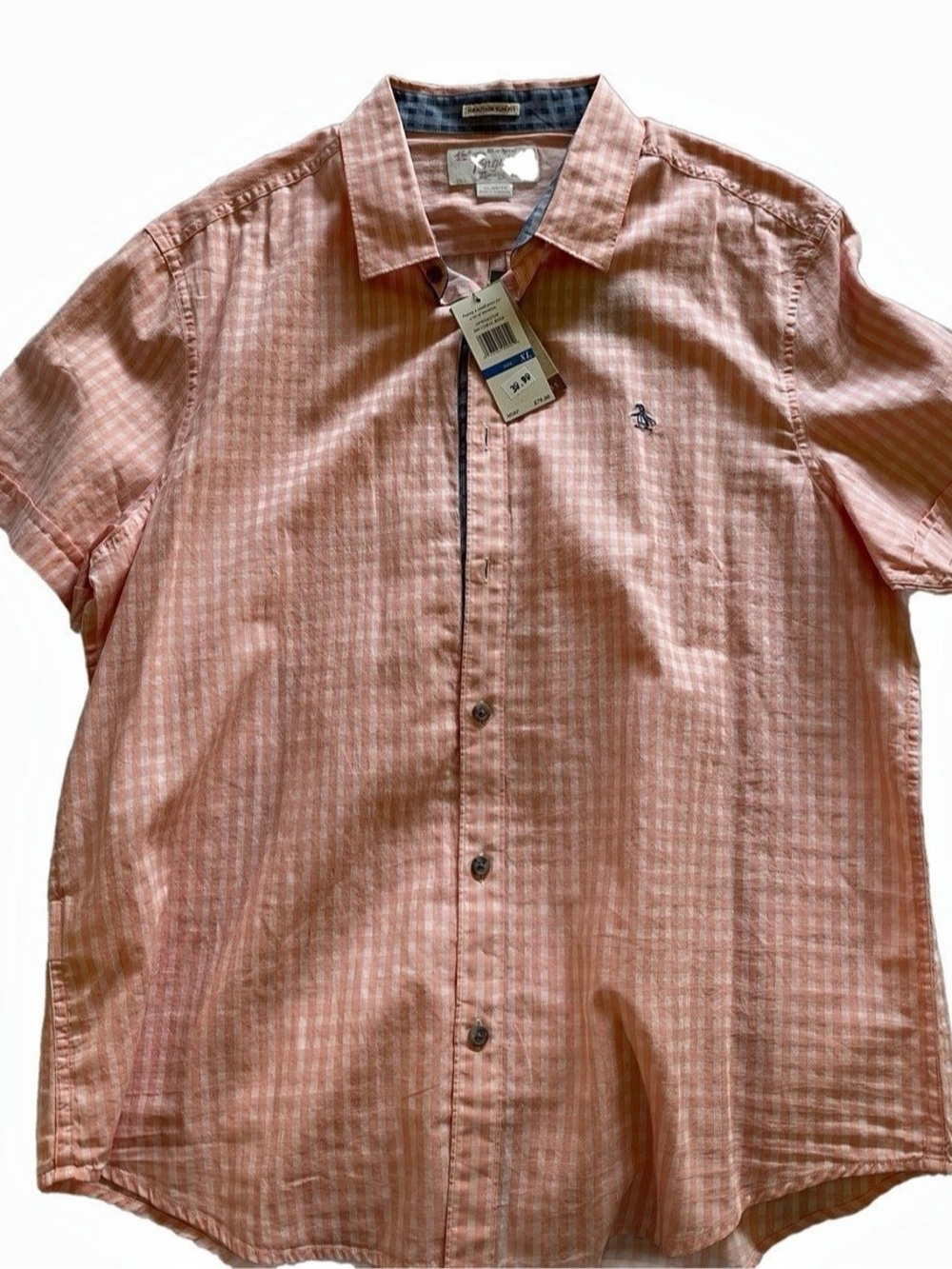 Penguin Men’s Short Sleeve Gingham Shirt in Pink & White Size Medium NWT